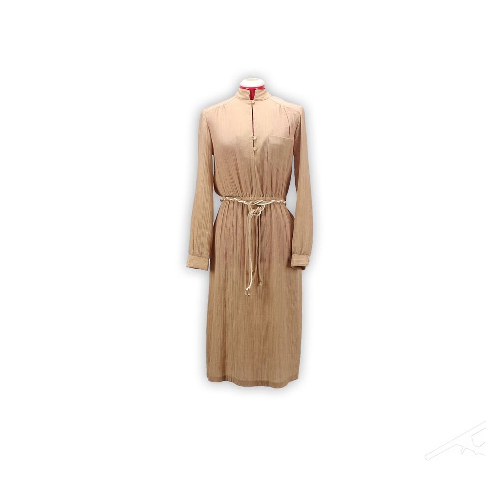 80s Vintage Dress - Beige Cottagecore Midi Dress - Size Medium